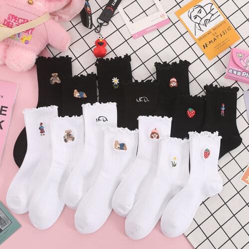 New Fashion Designer Funny Anime Women Long Socks Kawaii Lolita Girl Student Underwear Cute Lady Embroidery Lace Ruffle Socks