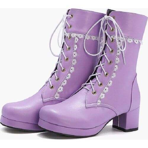 ZawsThia Purple Platform High-Top Boots Lovely Sweet Princess Lace Border Women Heels Lolita Winter Shoes Woman Plus Size 47 48