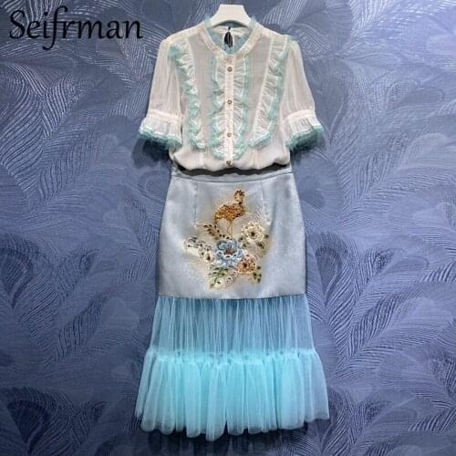 Seifrmann New 2021 Summer Women Fashion Designer Skirts Set Ruffles Loose Blouses+High Waist Beading Bodycon Mermaid Skirts Set