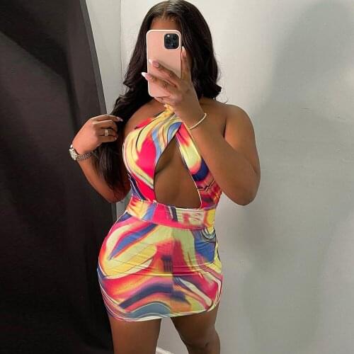 Aesthetic Print Waist Band Cut Out Skinny Dress Women Sexy Criss Cross Halter Backless Vestido Streetwear Off Shoulder Dresses