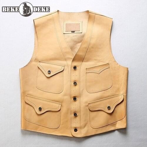 Mens Natural Horse Leather Vest Single Breasted Pockets Slim Fit Sleeveless Cargo Jacket Bikers V Neck Genuine Leather Waistcoat