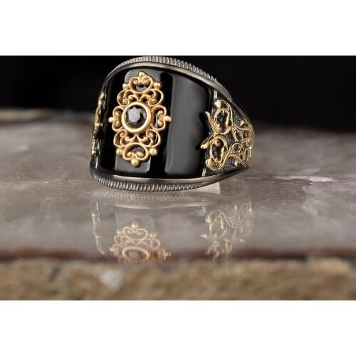 925 Sterling Silver Ring for Men Handmade Gold Plated Onyx Stone Vintage Gift Mens Rings All Size Women Turkish Fashion Jewelry