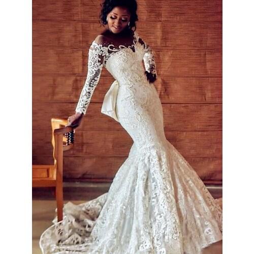 African Lace Mermaid Wedding Dresses Long sleeves Appliques See Through Bridal Gown Bow Vestido de Noiva 2023