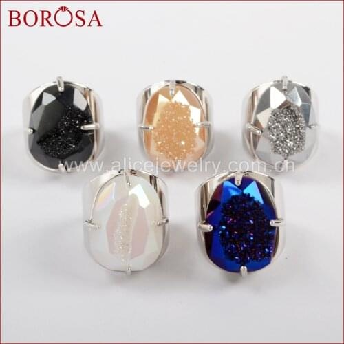 BOROSA 5PCS Egg Silver Color Claw Titanium Rainbow Agates Druzy Faceted Ring Mixed Colors Natural Drusy Rings for Girls ZS0312