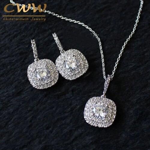 CWWZircons 2020 New Fashion Micro Setting CZ Jewelry Luxury AAA+ Cubic Zirconia Necklace Pendant And Earring Set for Women T060