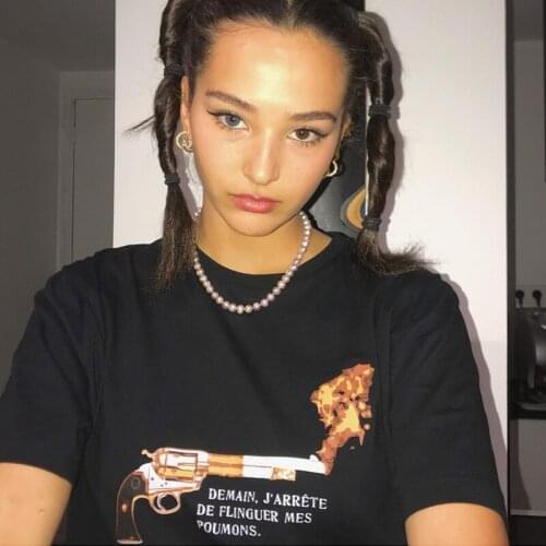 Calelinka American Vintage Gun Print Women Cool Tshirt Black Cotton Hip Hop Summer Streetwear Loose Short Sleeve Grunge Tees