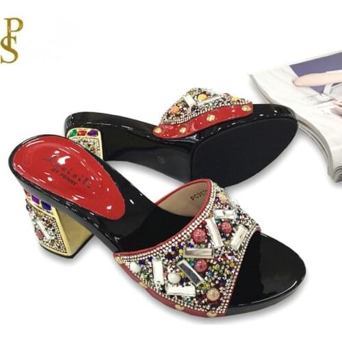 Beautiful womens slippers with diamonds Good quality medium heel shoes for Ladies
