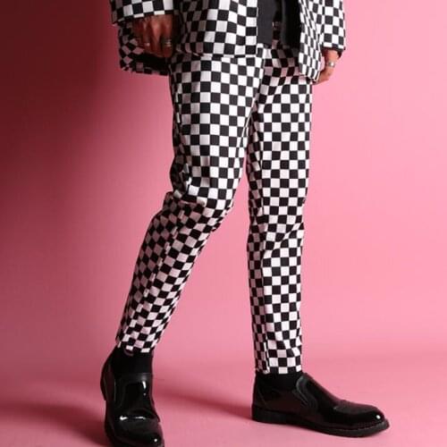 Mens pants stage personality Black and white grid harem pant men English trousers singer dance street star style novelty b657