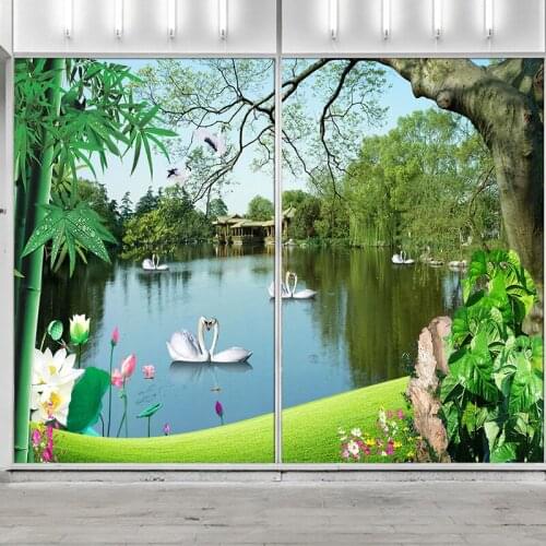 Window renovation stickers Chinese style landscape painting flowers and birds electrostatic frosted film household sliding door