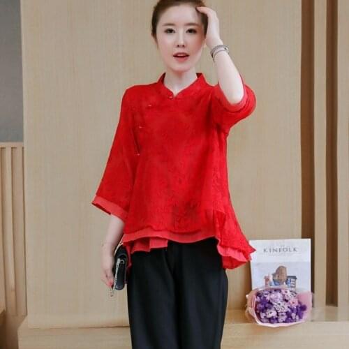 Chinese Style Clothing Women Lace Shirt Tops Vintage Retro Shirt Cardigan Coat Fairy Tang Suit Breathable Casual Hanfu Top 12198