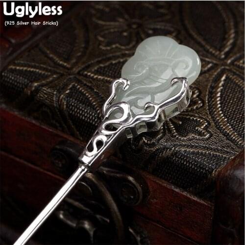 Uglyless Natural Jade Ethnic Hair Jewelry for Women Solid Real 925 Silver Hair Sticks Eastern Dressed Hair Forks Decoration Gems