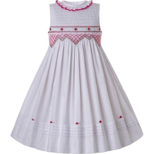 Pettigirl Summer Smocked White Sleeveless Dress For Pleated Collar Hem Cute Smocked Flowers Smock Party Kids Costumes