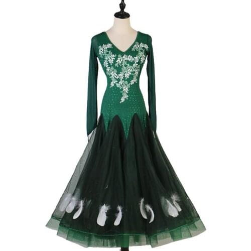 Ballroom Dance Competition Dress For Women Adult Long Sleeve Rhinestone Clothes Waltz Dance Clothing Customized Dress DQL5556