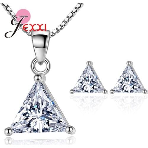 Hot Recommend Jewelry for Women Girls 925 Sterling Silver Equilateral Triangle Cut Clear Zircon Necklace Earrings Sets for Party