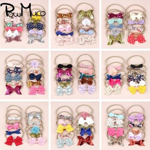 Powmuco 10pcs/lot Glitter Sequins Bows Nylon Headband Cute Printed Bunny Ears Elastic Infant Hairband Baby Flower Hair Accessory