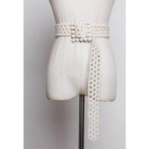 New Fashion 2020 Spring Summer Man-made White Pearl Woven Hollow Long Wide Belt Square Pin Buckle Girdle Belt For Women Dress