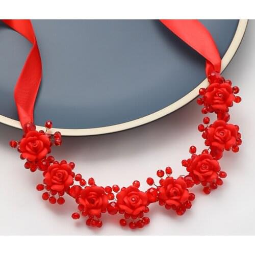 Luxury Bridal Hair Accessories Fashion Flower Wedding Headband Red Crystal Hairwear White Tiara Women Jewelry Hair Band Joyeria