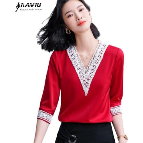 Red Shirt V Neck Fashion Temperament High End 2021 Summer New Lace Half Sleeve Chiffon Blouses Office Ladies Casual Work Tops
