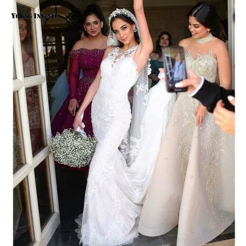 Sexy Mermaid Wedding Dresses 2021 Sleeveless Bridal Gown Illusion Back Court Train White Applique Plus Size Bride Custom Made