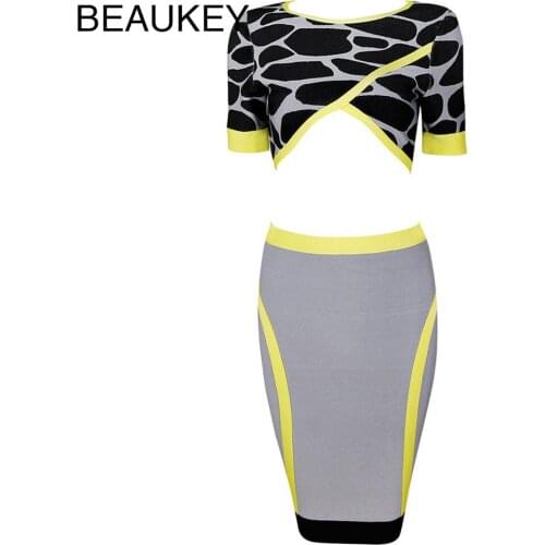2 Piece Bandage Sexy Women Set Half Sleeve Leopard Print Crop Top And Bodycon Grey Skirt