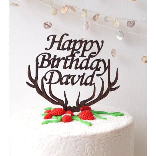 Happy Birthday cake topper, Birthday party cake topper, antlers cake topper, wood cake topper, rustic cake topper, special event