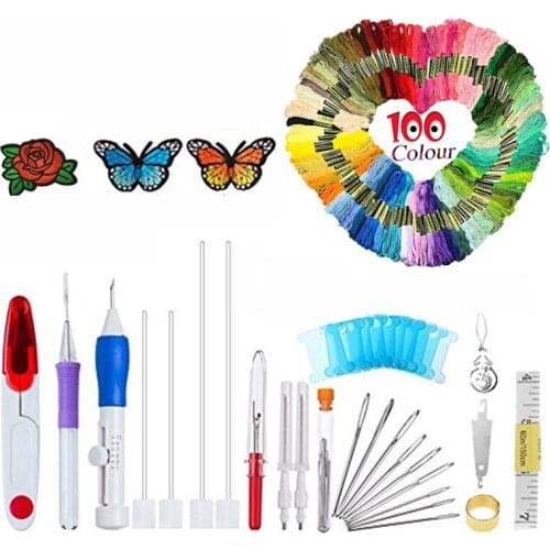Magic Embroidery Pen Punch Needle Embroidery Patterns Punch Needle Set With 100pcs Threads Scissors Sewing Accessories For Women