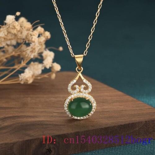 Green Jade Gourd Pendant Gifts Amulet Necklace Chinese Jewelry Gemstone 925 Silver Zircon Crystal Chalcedony Fashion Natural