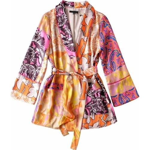 YENKYE Vintage Patchwork Print Wrap Kimono Outerwear Women Cross V Neck Sashes Pockets Autumn Jacket Female Casual Loose Coat