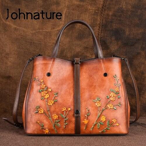 Johnature Genuine Leather Retro Embossed Women Handbags&Crossbody Bags 2021 New Large Capacity Cowhide Fashion Floral Totes
