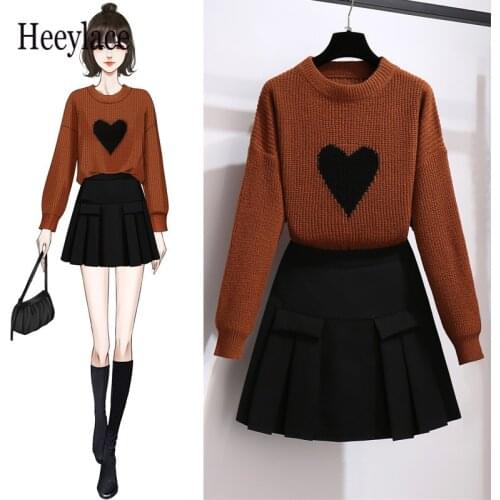 Korean Pretty Autumn 2 Piece Set Womens Set knitted Sweater And Black Pleated Skirt Set 2 Pieces Outfits Women Matching Set