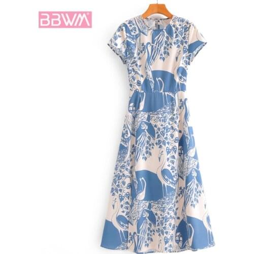 Xianhe Printing Summer New Slim Slimming Wild Short Sleeve Female Dress Round Neck Print Back Hollow Long Womens Dress