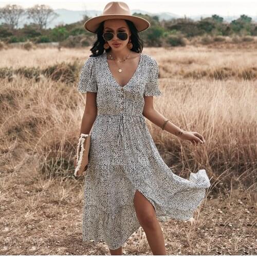 2021 Summer Dress Women Vintage Short Sleeve Split Fork Dresses Casual V Neck Dot Print Ruffles Draw String Button Dress