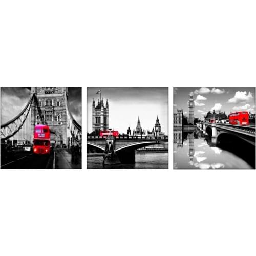 3 Pcs Black White London Bridge Red Bus Canvas Painting Wall Pictures for Living Room Home Decor Decorative Picture for bedroom