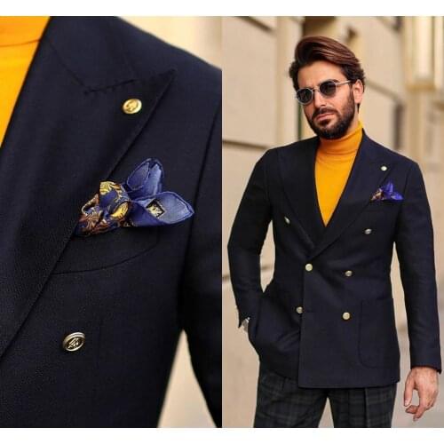 Summer Navy Blue Groomsmen Blazer High Quality Double Breasted Jacket Business Party Prom Wedding Tuxedos Custom One Piece