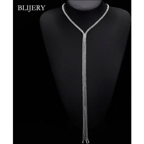 BLIJERY Fashion Shining Rhinestone Crystal Choker Necklace Statement Long Tassels Collar Chokers Necklaces For Women Prom Gift