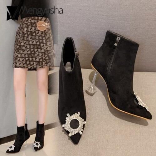 Transparent High Heels Boots Women Crystal Buckle Shoes Ladies Pointed Toe Ankle Chelsea Botas Winter Brand Velvet Botines Mujer