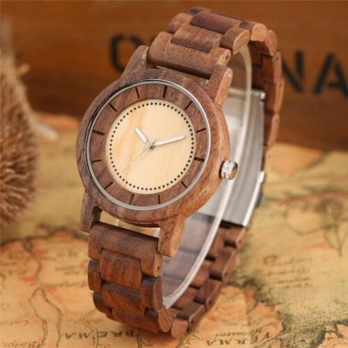 Antique Walnut Wood Watch Mens Casual Wooden Wristwatch Quartz Analog Display Luminous Hands Full Wooden Bracelet Strap Reloj