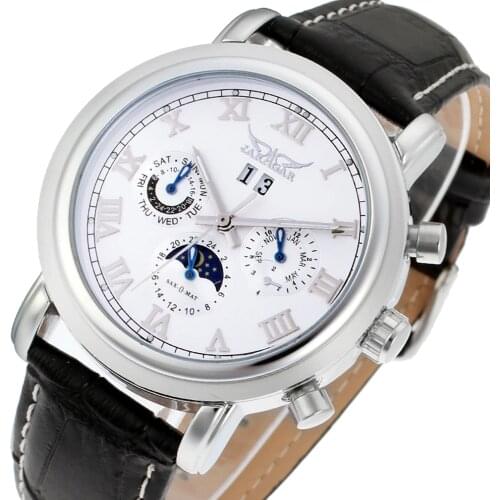 Jaragar Top Brand Male Leather Auto Mechanical Wrist Watches Multifunction Vintage Moonphase Luminous Hands Mens Retro Clock