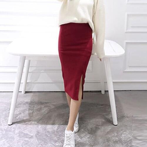 Elegant Pencil Skirts High Waist For 2020 Summer Women Skirt Slit Red elastic Sexy Style Stretch Wrap Ladies Office Work Skirts