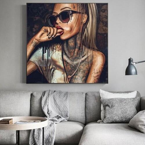 Graffiti Sexy Cool Girl Tattoo Art Canvas Print Painting Glasses Women Wall Picture Living Room Bedroom Home Decoration Poster
