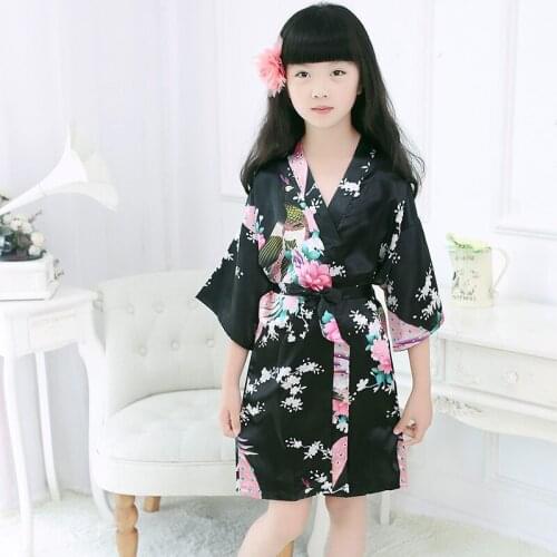 Kimono boy girl bathrobe black peacock stain robe flower girl bridesmaid wedding robe three quarter sleeve knee length nightgown