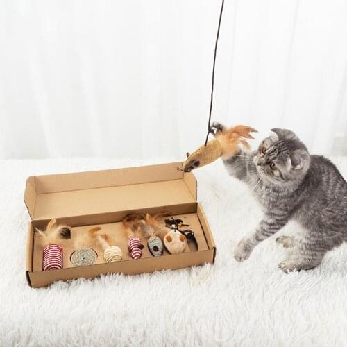Cat Toys 7pcs Feather Mouse Rolling Ball Pet Cat Toy Set Feather Teaser Wand Catnip Katten Sisal Speelgoed Cat Toy Box Set