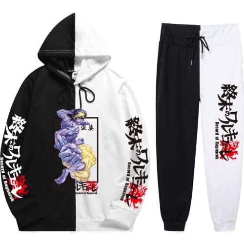 New Summer Autumn Man 2 Pieces Sets Anime Record Of Ragnarok Print Loose And Comfortable Patchwork Thin Hoodie+Patchwork Pants