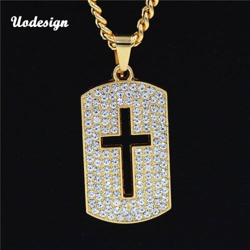 Mens Trendy Pendant Iced Out Rhinestone Gold Color Plated Charm Cross Pendant Necklace Cuban Chain Hip Hop Boys Fashion Jewelry