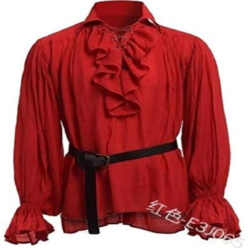 Men Pirate Dressing Medieval Pirate Early Norman Knight Tunic Shirt Renaissance Cosplay Costumes Long Sleeve Solid Tops withblet