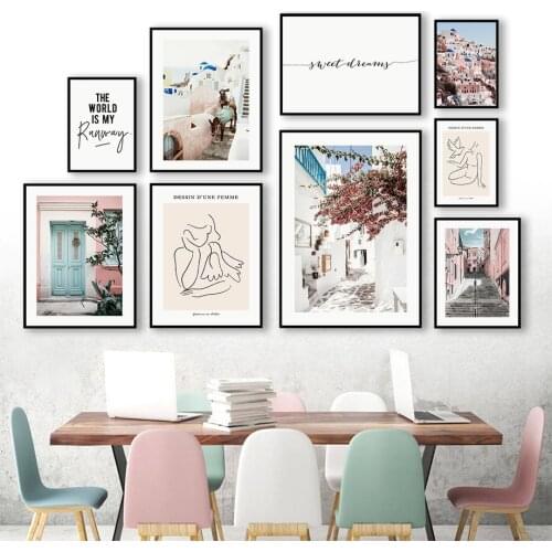 Wall Art Canvas Painting Santorini White House Street Pigeon Girl Nordic Posters And Prints Wall Pictures For Living Room Decor