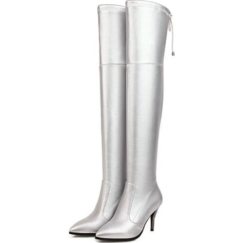 Autumn Womens Shoes High-Heeled Simple Over-The-Knee High-Tube Stiletto Fashionable Pointed Toe Winter Hot Models Silver Black