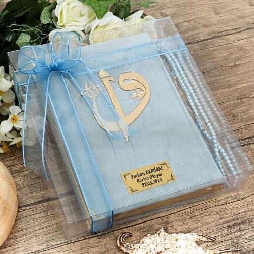 Personalized Gift Velvet Covered Quran, Rosary Set Blue FREE SHİPPİNG