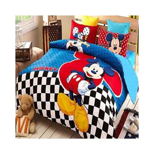 Mickey Mouse Bedding 100%Cotton Cartoon Disney Print Bed Duvet Cover Boys Home Decor Single Twin Queen Size Blue Polka Dot Plaid