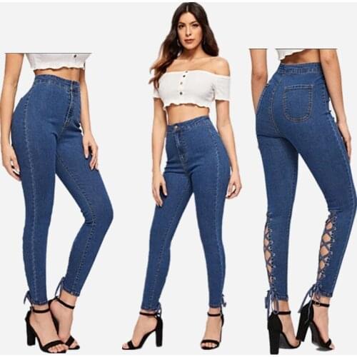 Casual Women Jeans Skinny Pencil Pants Autumn Winter Fashion High Waist Banded Eyelets Pants Cotton Elasticity Jeans For Woman